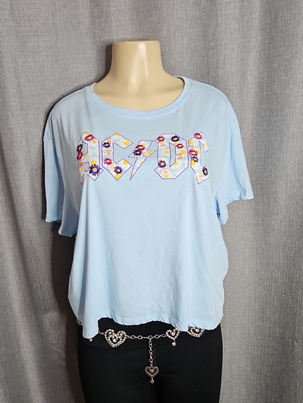 AC/DC Light Blue Floral Logo Short Sleeve Teecropped Style/ Size 3xl